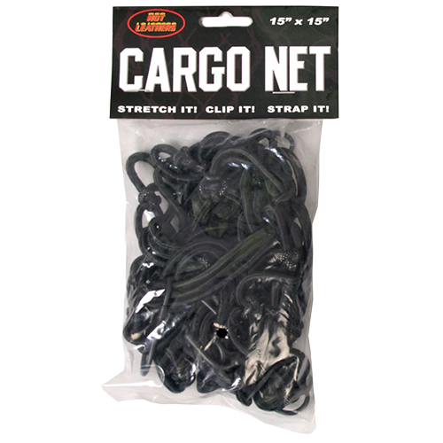 Packaged cargo net with black hooks.