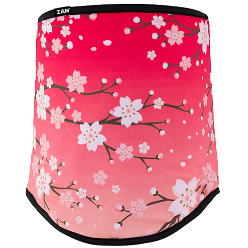 A fleece lined neck gaiter with a floral design, predominantly pink with white flowers.