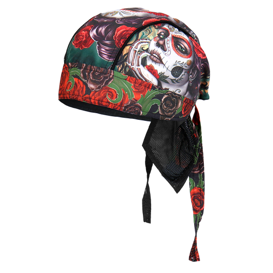 A headwrap with a colorful floral and skull pattern.