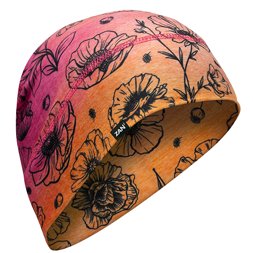 A beanie with a floral pattern featuring sunset colors and poppy flowers.