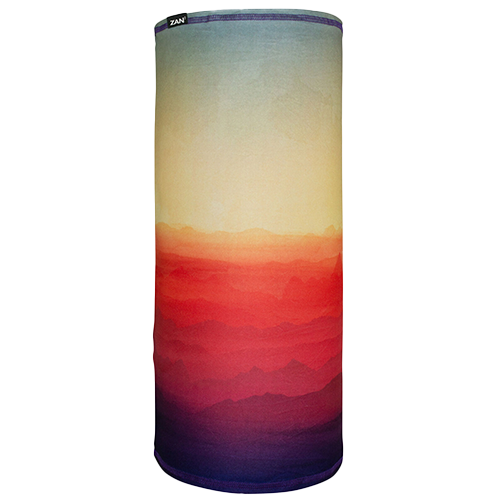 A cylindrical tube headgear with a gradient of purple to red mountains against a blue sky background, representing a sunset.