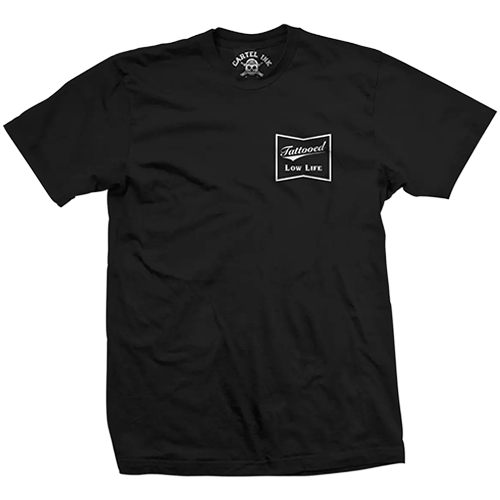 Black t-shirt with a logo on the chest