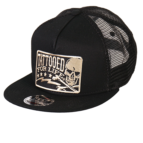 Black Snapback Cap With Tattooed For Life Patch Side View