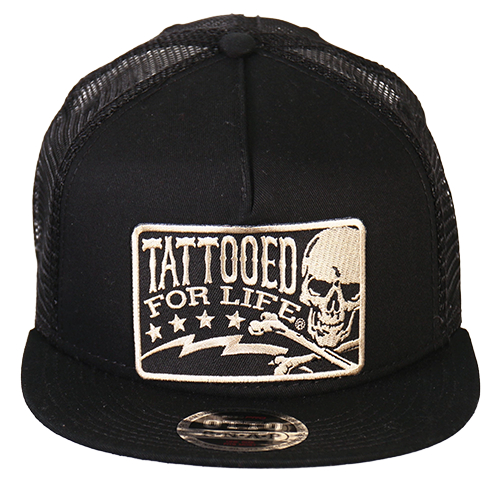 Black Snapback Cap With Tattooed For Life Patch Front View