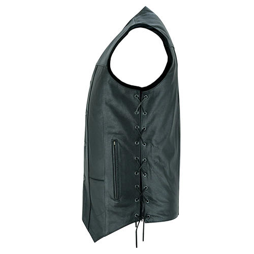 Black Tall Leather Motorcycle Vest With Concealed Carry