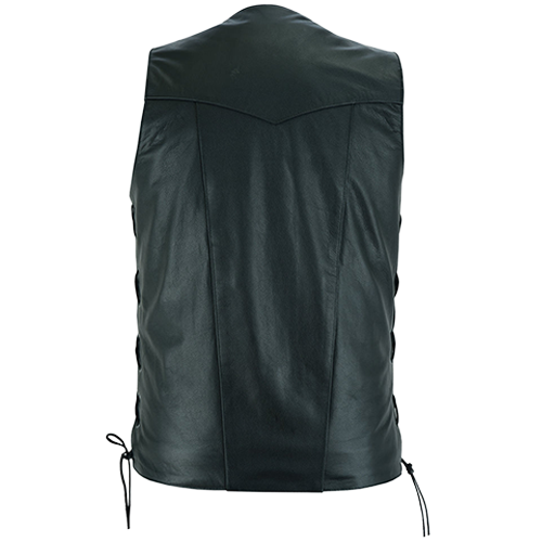 Back view of a black leather vest