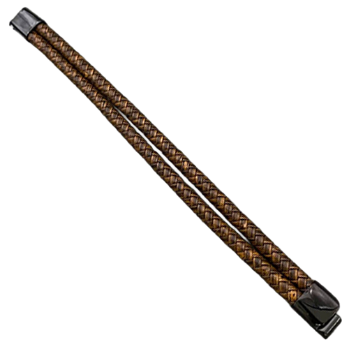 Double-strand brown braided PU leather bracelet laid flat to show its full length and black clasp.