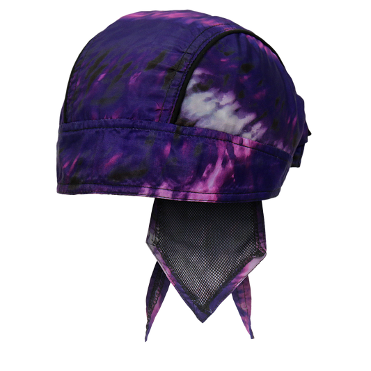 A tie-dyed headwrap with purple and pink swirls, designed to be worn under a helmet.