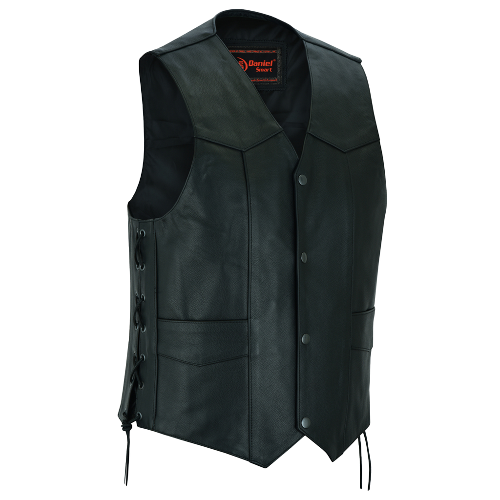 A black traditional style leather vest with side laces and pockets, featuring antique black hardware.