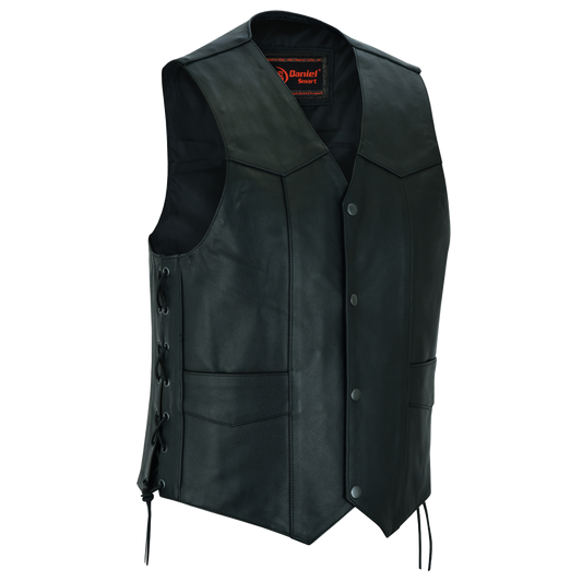 A black traditional style leather vest with side laces and pockets, featuring antique black hardware.