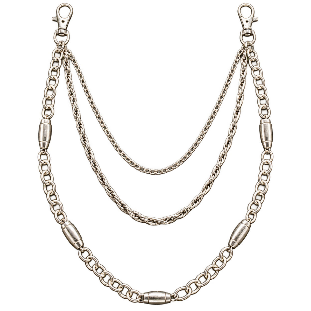 A silver-toned metal wallet chain accessory with three draped chains, cylindrical links, and lobster clasp ends