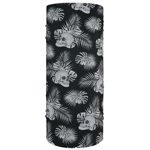 Black motley tube with a pattern of white skulls, monstera adansonii, and paradise palm leaves.