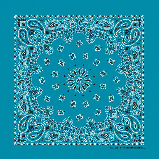 A turquoise blue bandana with a paisley pattern.
