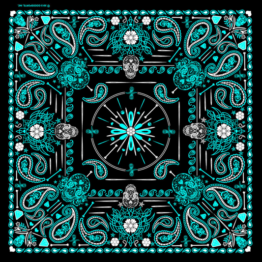A bandana featuring a geometric pattern with paisley and skull motifs, predominantly in turquoise on a black background.