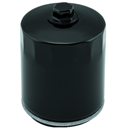 Black oil filter with a built-in nut, designed for a Harley-Davidson Milwaukee-Eight engine.
