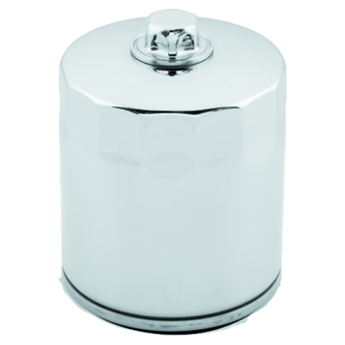 Chrome oil filter with built-in nut designed for Harley-Davidson motorcycles.