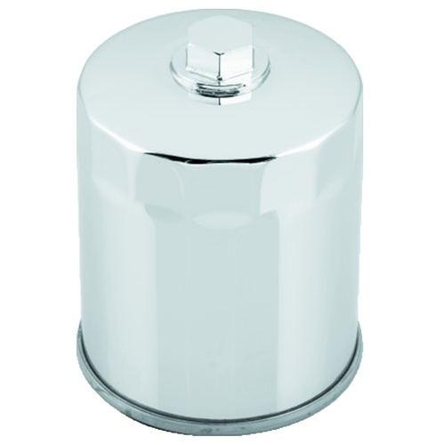Chrome oil filter with built-in nut designed for Harley-Davidson motorcycles.