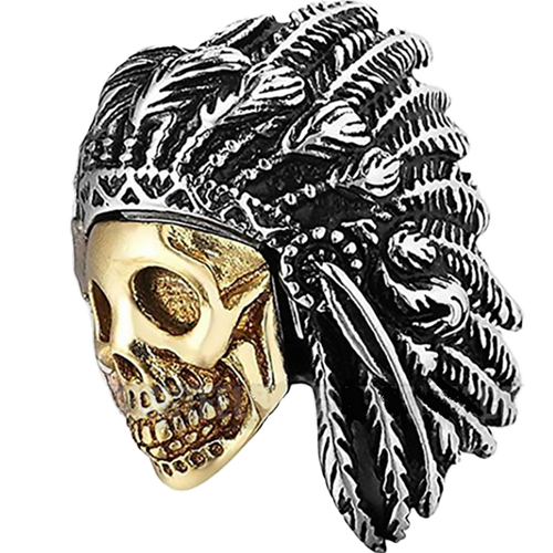 A two-tone men's stainless steel biker ring with a gold-plated skull with Indian head dress design on top.
