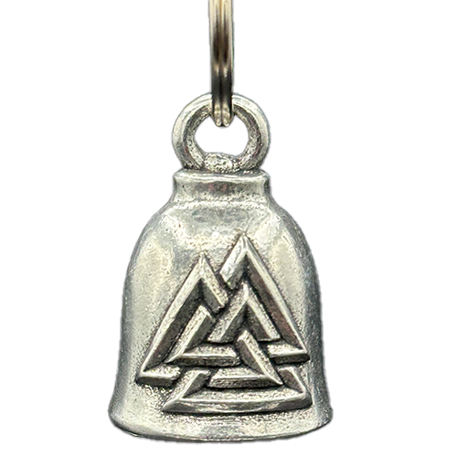 A silver-colored motorcycle bell with a Valknut symbol design on it.