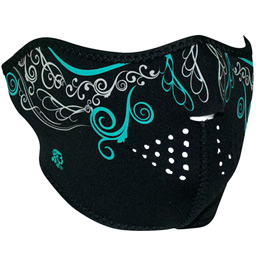 Black face mask with turquoise and white designs