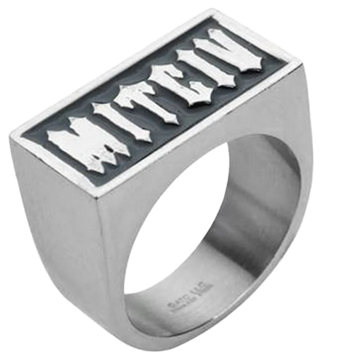A stainless steel ring with the word 'VICTIM' spelled backward in bold black enamel on the top surface.