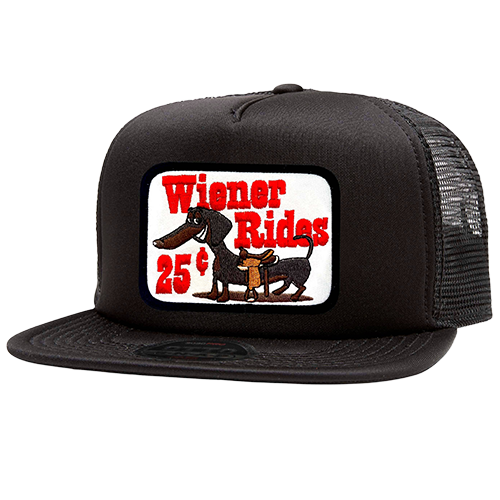 A black snapback trucker hat with a vintage embroidered patch featuring a weiner dog with a saddle with the text 'Wiener Rides 25 cents'.