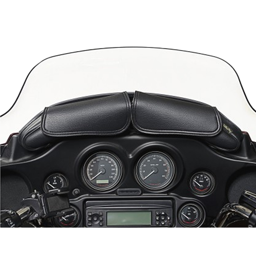 A black synthetic leather windshield bag with two pouches, mounted on the windshield of a motorcycle, featuring a low-profile design.