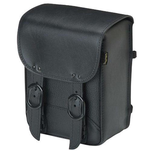 A blacked-out motorcycle sissy bar bag with matte black buckles and a premium synthetic leather exterior.