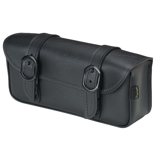 A black motorcycle tool bag with a sleek design, featuring two buckles.