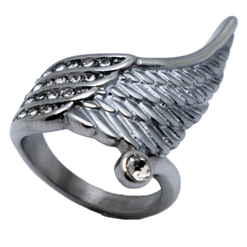 A stainless steel ring with a wing design and multiple channel-set clear stones, featuring an offset round CZ on the side.