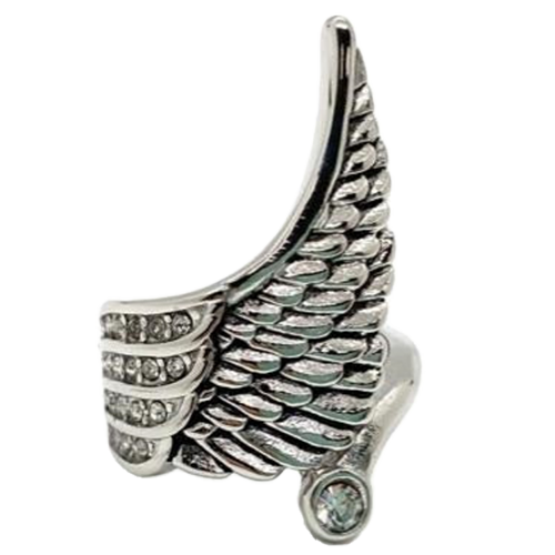 Wing Design Stainless Steel Ring With Offset CZ