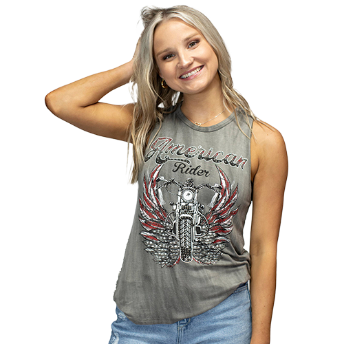 Woman wearing a 'American Rider' tank top with a motorcycle graphic with rhinestones.