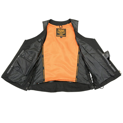 Women's premium leather biker vest with concealed carry pockets, satin lining, and patch-ready back.