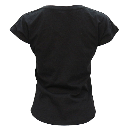 Black biker women’s shirt with vintage pin-up illustration and sarcastic slogan graphic back view