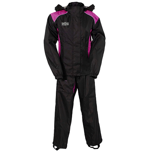 A two-piece women's rain suit in black with pink accents, including a jacket and pants with reflective stripes.