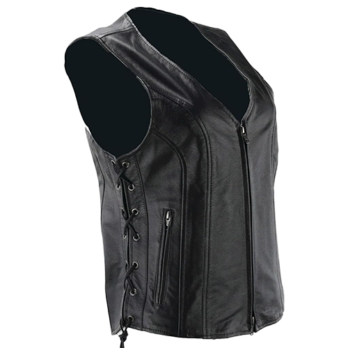 Women’s leather riding vest with sleek fit and drop back hem.