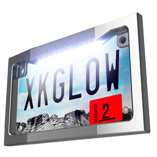 XK Glow Lighted License Plate Frame in chrome with built-in white LEDs