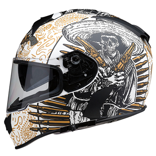 Motorcycle helmet with skull and bullets design.