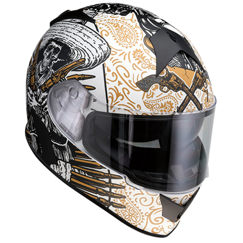 Motorcycle helmet with a black, white, and gold design