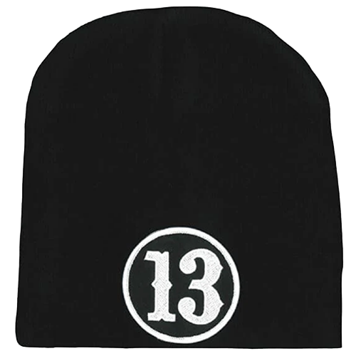 Black Knit Biker Beanie With 13 Patch