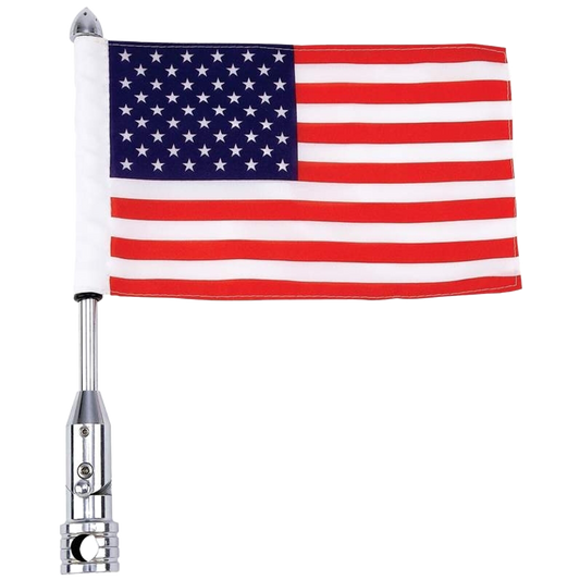 A motorcycle flagpole mount with an American flag attached to it