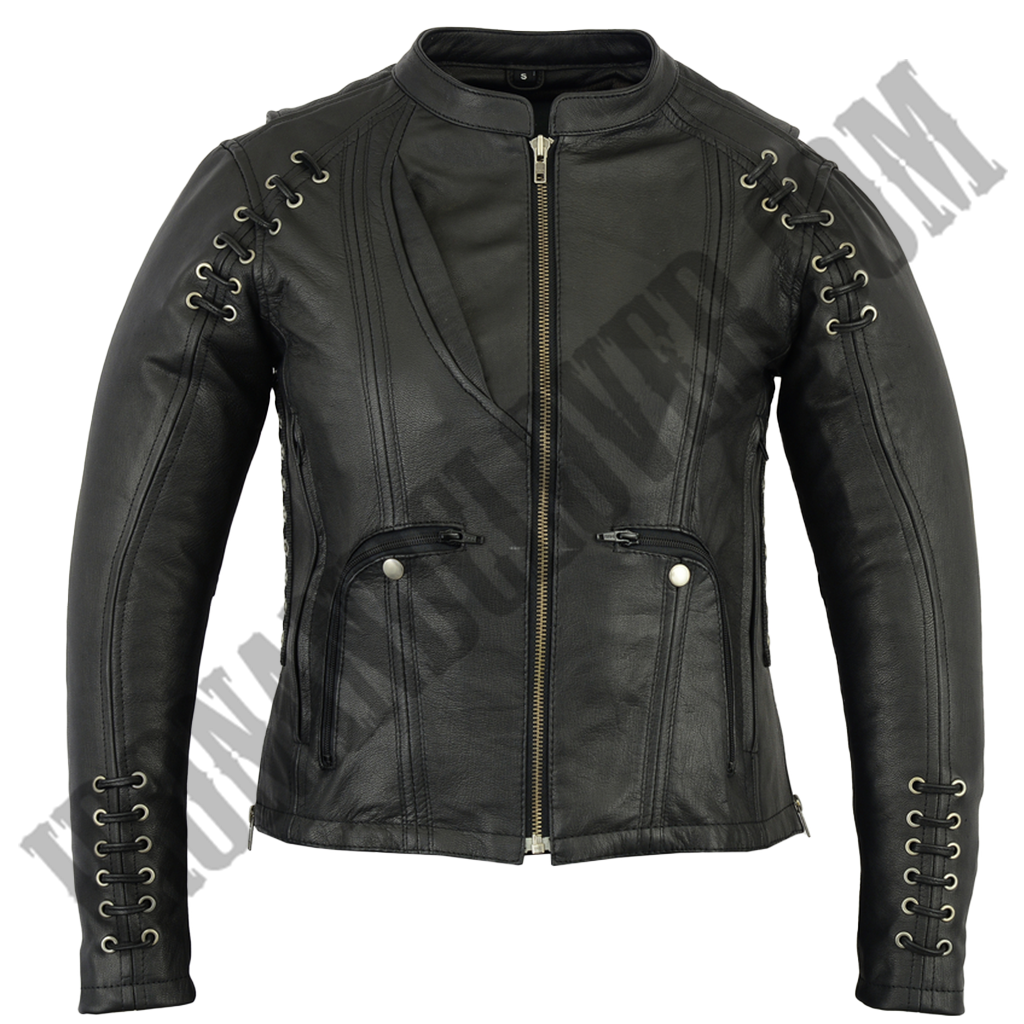 Leather Jacket with Grommet & Lacing Accents in Black