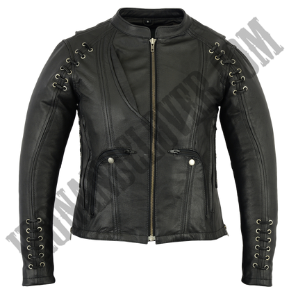 Leather Jacket with Grommet & Lacing Accents in Black