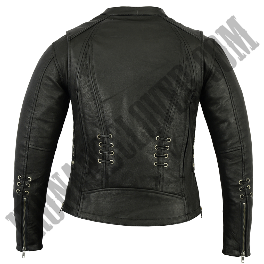 Leather Jacket with Grommet & Lacing Accents in Black