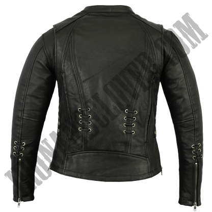 Leather Jacket with Grommet & Lacing Accents in Black