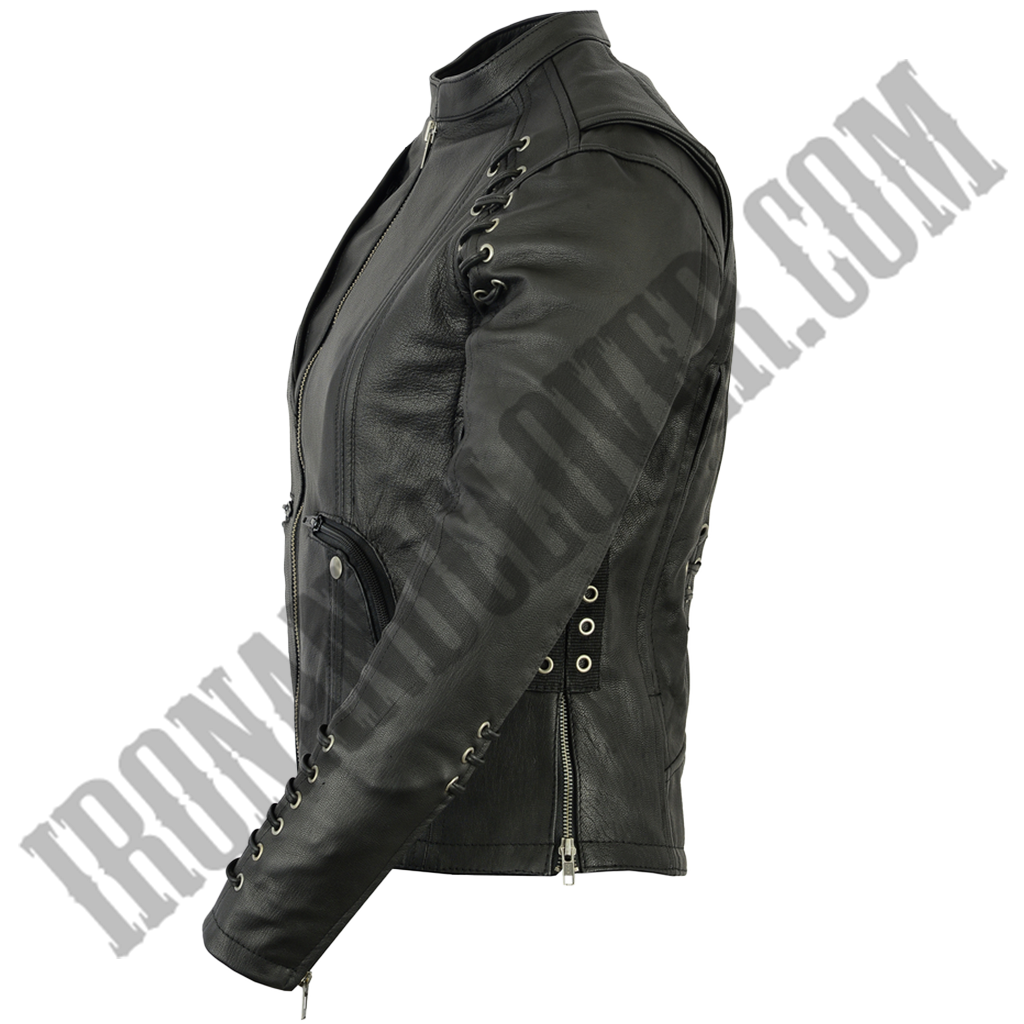 Leather Jacket with Grommet & Lacing Accents in Black