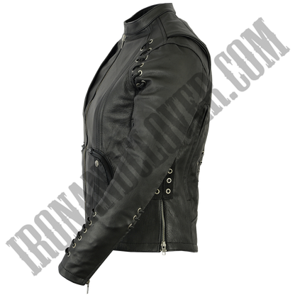 Leather Jacket with Grommet & Lacing Accents in Black