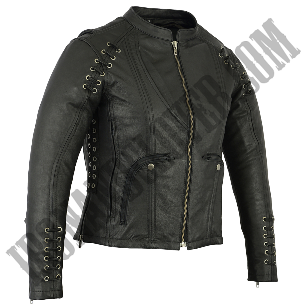 Leather Jacket with Grommet & Lacing Accents in Black