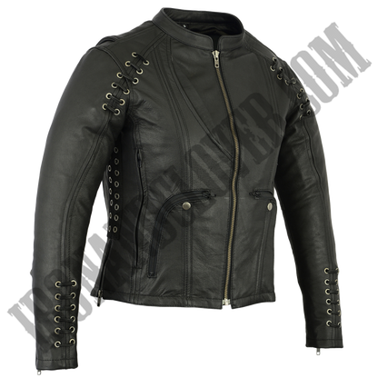 Leather Jacket with Grommet & Lacing Accents in Black