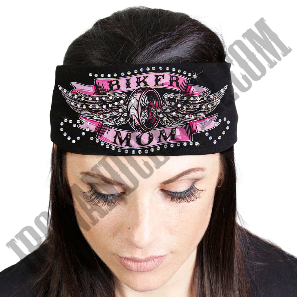 Biker Mom Rhinestone Crystal Headband Wrap